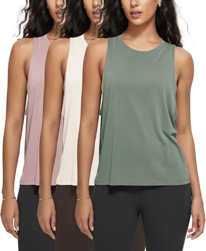 Miniatura 12 de ODODOS Paquete de 3 camisetas sin mangas sueltas para mujer, camisetas sin mangas para gimnasio, atletismo, entrenamiento, camisetas de yoga