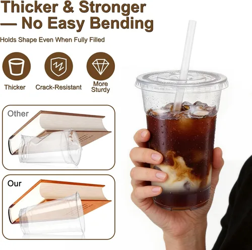 Miniatura 2 de Paquete de 100 vasos de plástico transparente de 16 onzas con tapas y pajitas, vasos desechables para café helado, a prueba de fugas, vasos de PET