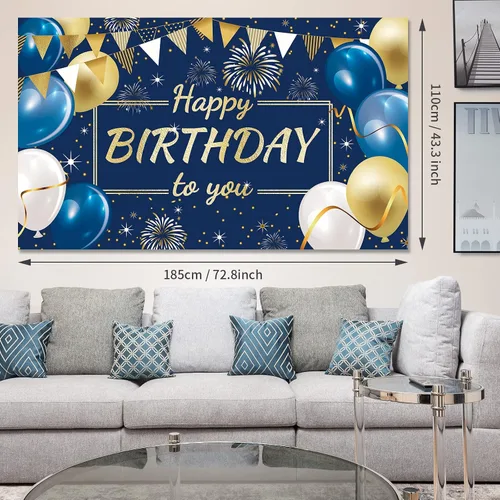 Miniatura 2 de Cartel de fondo de decoración de feliz cumpleaños, fondo de fotos para niños, niñas, hombres y mujeres, 72.8 x 43.3 pulgadas (azul marino y dorado)