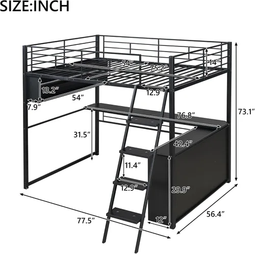 Miniatura 2 de P PURLOVE Cama tipo loft de tamaño matrimonial con escritorio para niños, cama alta de metal con LED y 4 estantes de almacenamiento, marco de cama