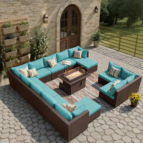 Miniatura 16 de BULEXYARD Juego de muebles de patio de respaldo alto de 7 piezas con mesa de fogata de combustible dual propano/gas natural, sofá seccional