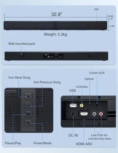 Miniatura 8 de Puxinat Barra de sonido separable 2 en 1 para Smart TV, altavoz de TV Bluetooth 5.0 de 2.2 canales de 32 pulgadas para sistema de sonido envolvente