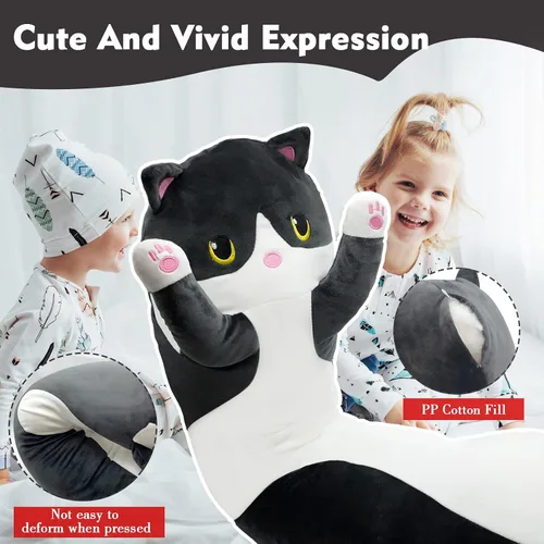 Miniatura 3 de Almohada larga de felpa de gato, 19.6 pulgadas - Adorable peluche de gato negro - Animales de peluche suaves - Almohada tipo cuerpo de gatito
