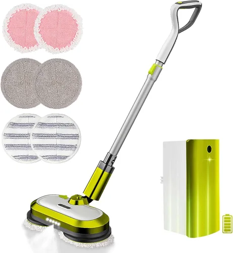 VMAI Trapeador eléctrico inalámbrico, trapeador eléctrico giratorio con faro LED y rociador de agua, hasta 60 minutos, potente limpiador de suelos