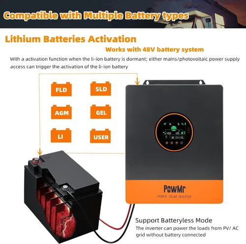 Miniatura 6 de PowMr Inversor solar híbrido de 5000 W 48 V CC a 110 V/120 VAC, inversor de fase dividida de 5200 W con controlador MPPT de 100 A, entrada