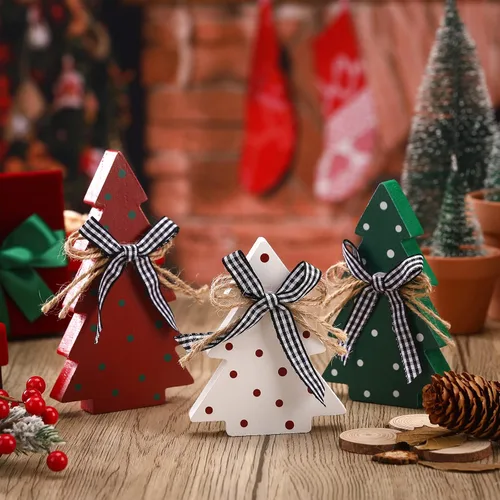 Miniatura 3 de Yookeer Decoración navideña de 3 piezas, mesa de madera rústica, árbol de Navidad, centro de mesa de Navidad de madera para mesa pequeña, árboles