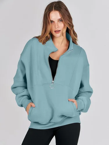 Miniatura 6 de ANRABESS Sudaderas de forro polar con media cremallera para mujer, de gran tamaño, con cremallera de un cuarto, ropa de moda para otoño de 2024