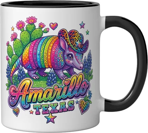 Miniatura 2 de Amarillo Texas Rainbow Armadillo Cowboy 80s Retro Souvenir Ceramic Mug, Black/White