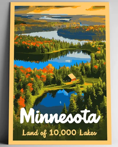 GO SEE DESIGN Póster de viaje de estilo vintage de Minnesota The Land of 10,000 Lakes, 8 x 10, 12 x 18, 18 x 24, 24 x 36 pulgadas, postal de 4 x 6