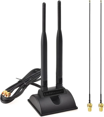 Eightwood Antena WiFi macho RP-SMA de doble banda de 2.4 GHz y 5 GHz + cable hembra RP-SMA de 9.8 pulgadas, paquete de 2 unidades para tarjeta de