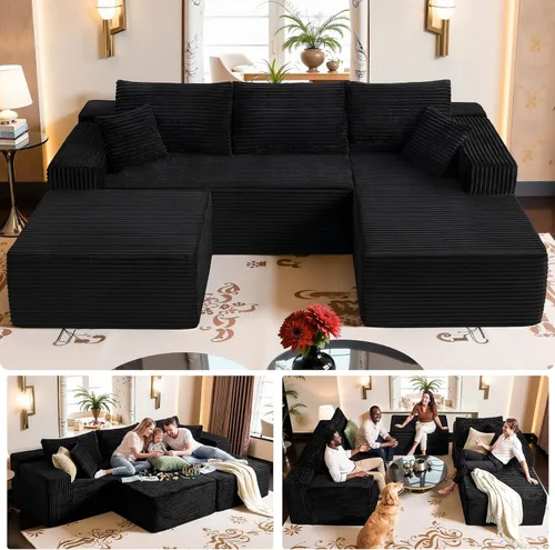 Miniatura 10 de Sofá modular gris con otomana, sofá modular de nube de 108 pulgadas para sala de estar, sofá moderno en forma de U, no requiere montaje, tela