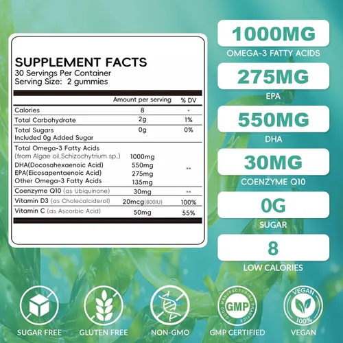 Miniatura 2 de Suplemento de aceite de algas omega-3 vegano con DHA 300 mg y EPA 150 mg, Omega-3 a base de plantas con vitamina D3 y K2, cápsulas blandas de aceite