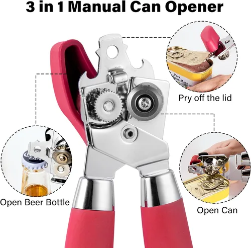 Miniatura 4 de TJ POP - Abrelatas manual, abrelatas de mano resistente, borde liso, perilla de fácil giro, con abrebotellas, accesorios de cocina, color rojo