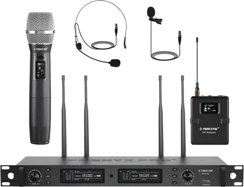 Phenyx Pro Sistema de micrófono inalámbrico, set de micrófonos inalámbricos dual True Diversity con micrófonos de mano/bodypack/auricular/solapa