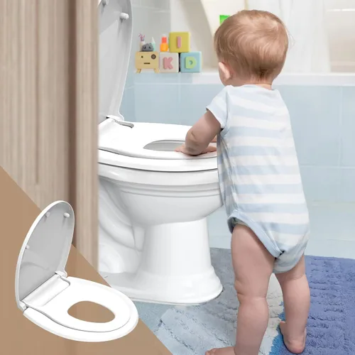 Miniatura 6 de R&T Asiento de inodoro redondo con asiento de entrenamiento para ir al baño integrado, asiento de cierre lento para niños y adultos, fácil
