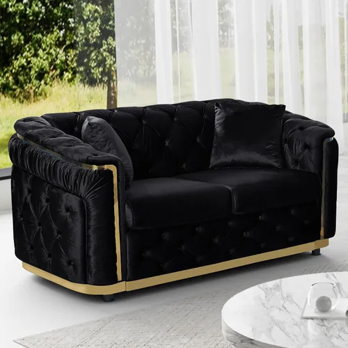 Miniatura 15 de DAMAIFROM Juego de sofá de terciopelo de lujo beige y dorado, moderno de mediados de siglo, sofás Chesterfield copetudos y patas doradas, juego de 2