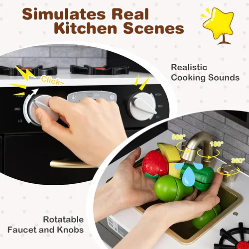 Miniatura 6 de HONEY JOY Juego de Cocina para Niños, Conjunto de Cocina de Juguete de Madera Pequeño Chef de Simulación con Pizarra, Teléfono, Utensilios, Horno