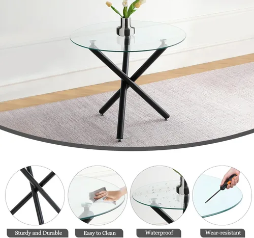 Miniatura 7 de Juego de mesa de comedor redonda de cristal negro para 2, juego de mesa de cocina pequeña y moderna de 36 pulgadas con 2 sillas de comedor tapizadas