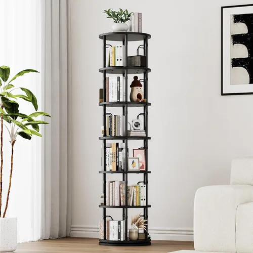 Miniatura 8 de Estantería giratoria de 5 niveles de altura, torre giratoria de 360°, organizador de estante redondo giratorio vertical para espacios pequeños, Negro