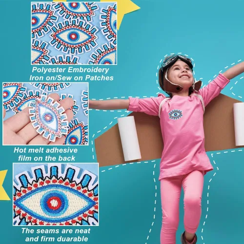 Miniatura 4 de AHANDMAKER 16 parches con patrón de ojos para ropa, apliques azules contra el mal de ojo, parches bordados para coser con hierro para ropa, Ojo Azul