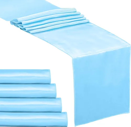 Paquete de 5 caminos de mesa de satén azul bebé de 12 x 108 pulgadas de largo, satén brillante y sedoso para decoración de fiesta de cumpleaños,