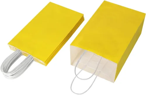 Miniatura 4 de Oikss Paquete de 100 bolsas pequeñas de papel kraft amarillas de 5.25 x 3.25 x 8.25 pulgadas con asas a granel para cumpleaños, bodas, fiestas