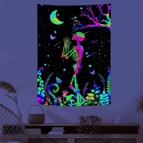 Miniatura 5 de MCKTOM Divertido tapiz de pared con luz negra, diseño de calavera y luna, diseño de esqueleto, meditación, espiritual, trippy, bohemio, flores