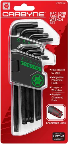 Miniatura 2 de Carbyne Juego de llaves Torx de brazo largo de 9 piezas (juego de llaves torx/juego de llaves estrella). Incluye T-10 a T-50. Acero S2 tratado