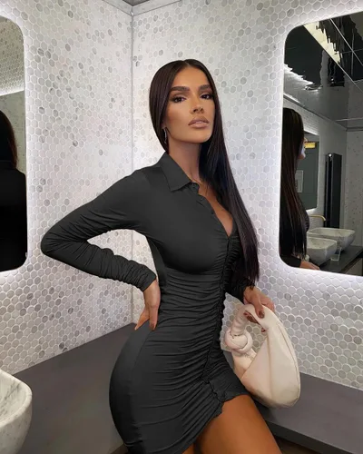 Miniatura 5 de DAAWENXI Elegante vestido de club de manga larga fruncido con botones para mujer