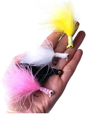 16 piezas de 1.2 in-0.12 oz Color blanco/amarillo/negro/rosa pesca marabú jigs Crappie jigs señuelos Kit pesca plomo cabeza gancho con plumas marabú