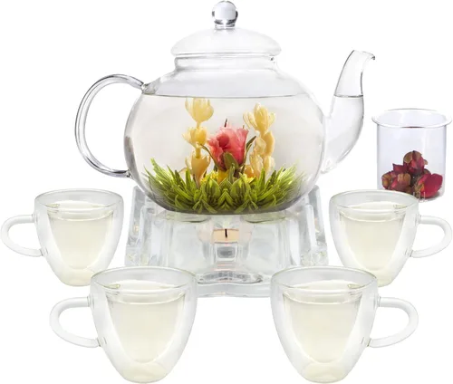 Miniatura 9 de Juego de teteras de vidrio, 40 onzas/40.6 fl oz, hervidor de té de vidrio seguro para estufa con infusor extraíble y calentador de té, tazas de té