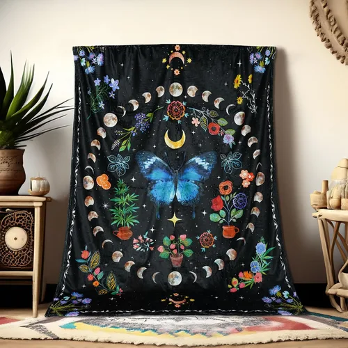 Miniatura 2 de Lifeel Manta de forro polar con diseño de mariposa y luna azul, diseño botánico floral, bohemio, acogedora decoración para siesta para sofá, cama