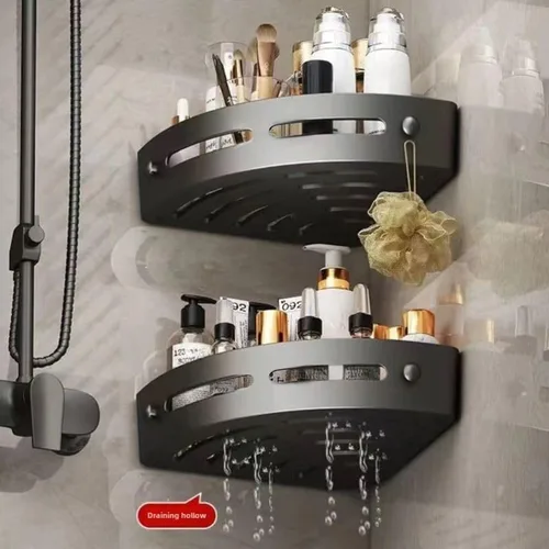 Miniatura 3 de Organizador de ducha esquinero, estante de almacenamiento de baño negro montado en la pared, estante organizador de plástico con agujeros