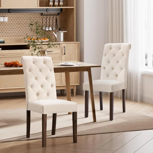 Juego de 2 sillas de comedor, tapizadas Parsons con botones y patas de madera maciza, sillas de cocina de tela moderna para comedor, color beige