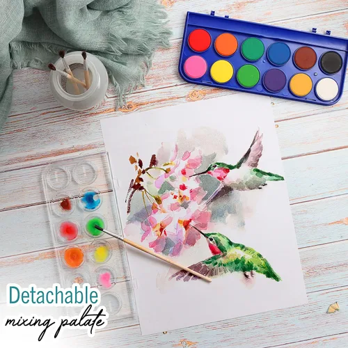Miniatura 5 de Juego de 2 pinturas de acuarela, 12 colores vivos, incluye paleta de mezcla de acuarela y 2 pinceles, perfecto para artistas, pintores
