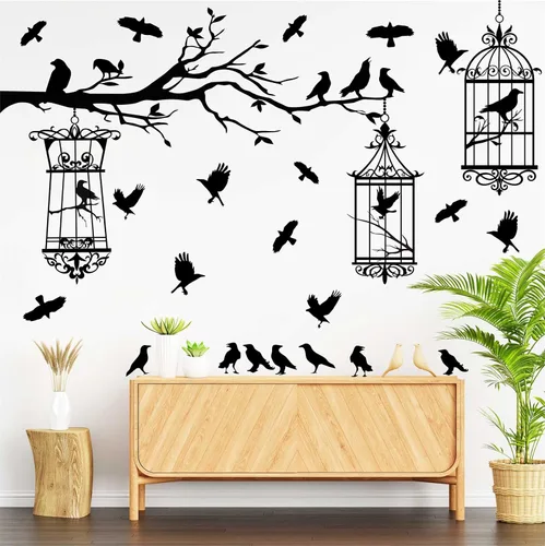 Miniatura 7 de Calcomanías de pared de ramas de árbol de Halloween, cuervo negro, pájaro, pájaro, pelar y pegar, calcomanías de cuervo para jaula de pájaro, Jaula