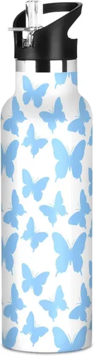 BPA-Free Leak Proof Sports Water Bottle with Straw Lid Fashion Blue Butterfly White Vacuum Insulated for Travel and Sports botellas de acero