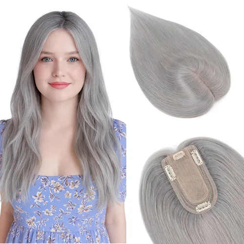 Miniatura 14 de SEGOHAIR Toppers de cabello humano real con flequillo, 2.8 x 5.1 in, base de seda con clip, piezas superiores de Wiglet añaden volumen, 6 pulgadas