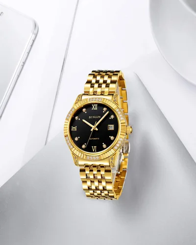 Miniatura 4 de BINLUN Reloj de pulsera para hombre, mecánico automático, reloj dorado con cuerda automática, elegante, chapado en oro de 18 quilates, relojes