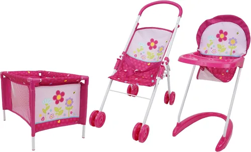 509 Crew Garden 3 piezas Stroll n Care - El juego de muñecas incluye un cochecito medio plegable, patio de juegos y silla alta, juego de simulación