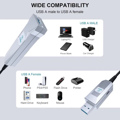 Miniatura 5 de Cable de extensión USB 3.0 de fibra óptica de 32.8 ft, cable USB largo macho a hembra, cable extensor de 5 Gbps de alta velocidad, para robot
