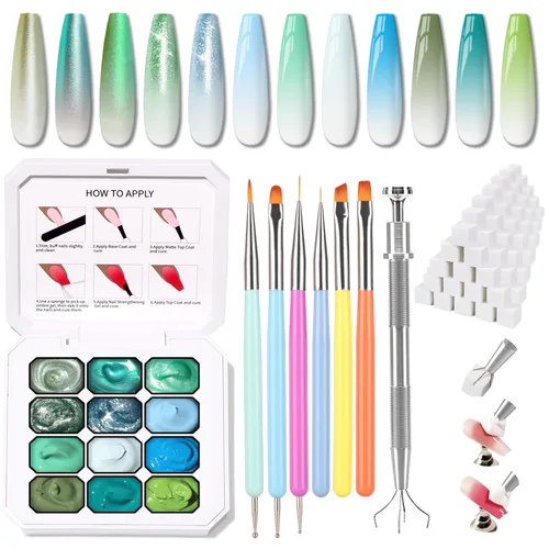 Miniatura 19 de Paleta de Esmalte de Uñas en Gel Sponge Pat, 12 Colores Mezcla Degradado Ombré Gel Polish Pintura Degradada Arte de Uñas, Sin Limpiar, Curado UV/LED