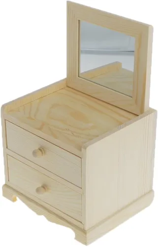 Miniatura 2 de dovewill Natural Unfinished Caja de joyas de madera pequeños 2cajones Pecho Caso vidrio Espejo