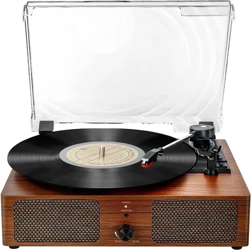 Tocadiscos de vinilo Bluetooth vintage de 3 velocidades con altavoces incorporados, reproductor LP impulsado por correa, compatible con grabación