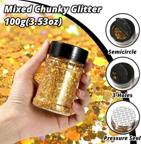 Miniatura 3 de HTVRONT - Purpurina dorada para manualidades - 100 g de purpurina gruesa holográfica para resina, purpurina iridiscente para uñas, decoración, arte