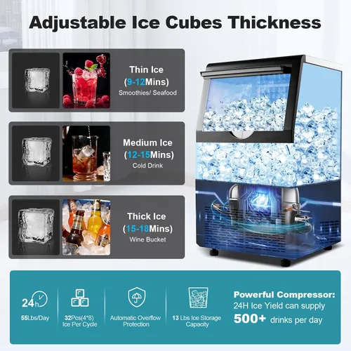 Miniatura 7 de Amzgachfktch Máquina de hielo comercial, máquina de hielo de 100 libras/24 horas, autolimpieza automática, pantalla digital LED, luz azul, debajo
