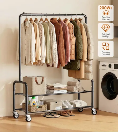 Miniatura 7 de AOODA Perchero resistente con estantes, estantes de ropa de metal de 46.5 pulgadas para colgar ropa, perchero con ruedas con cerradura para abrigos
