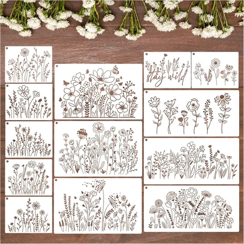 13 plantillas de flores silvestres, plantillas de flores para pintar madera, reutilizables, plantas de campo florales de primavera, plantillas de