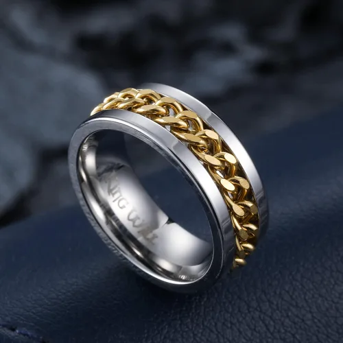 Miniatura 55 de King Will - Anillo antiestrés de acero inoxidable 316L para hombres y mujeres, con cadena decorativa giratoria, 8 mm de ancho, anillo de boda