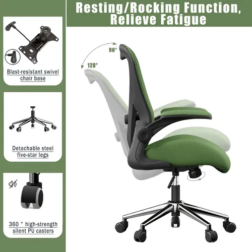 Miniatura 6 de Silla ergonómica de escritorio de oficina verde, cojín de asiento curvado grueso de tela suave con soporte lumbar ajustable, mezcla perfecta